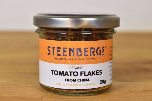 Steenbergs Organic Tomato Flakes in Glass Jar from the Steenbergs UK online shop for organic herbs and spices.