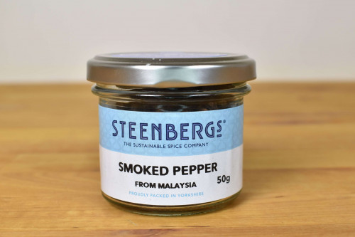Steenbergs Smoked Black Peppercorns in Glass Jar from the Steenbergs UK online shop for interesting peppers and spices.