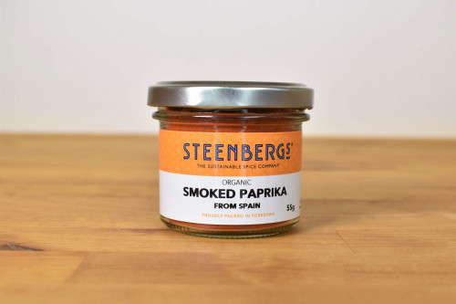 Steenbergs Organic Smoked Paprika from Spain, in a glass jar, from the Steenbergs UK online shop for organic herbs and spices