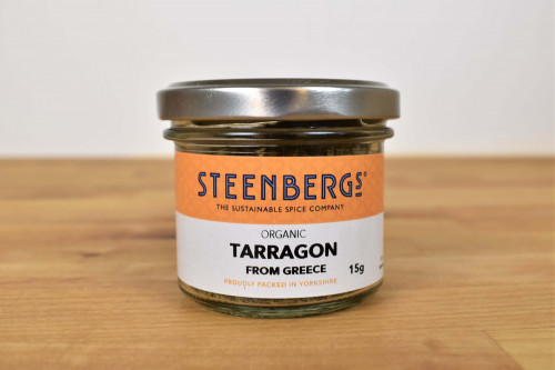 Steenbergs Organic Tarragon, dried, in glass jar from the Steenbergs UK online shop for organic herbs and spices.