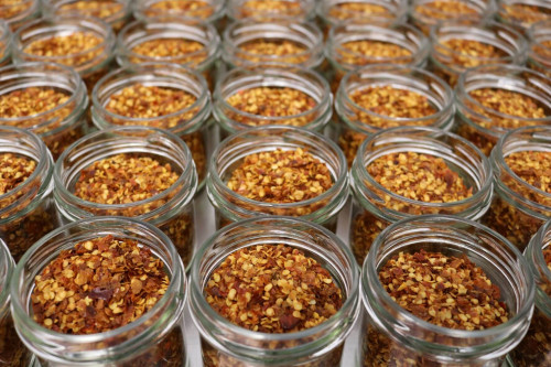 Steenbergs Organic Chilli Flakes packed at the Steenbergs UK eco spice factory in North Yorkshire.