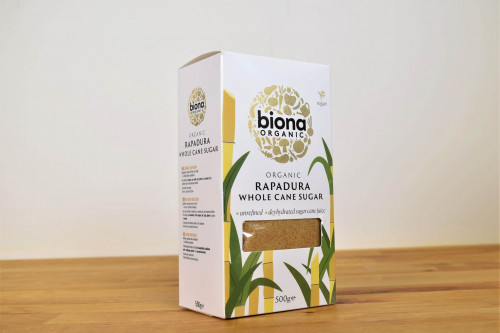 Biona  Organic Rapadura Sugar 500g from the Steenbergs UK online shop for organic sugars and organic ingredients.