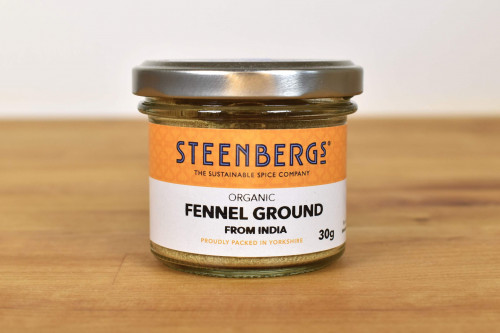 Steenbergs organic Ground Fennel Powder Standard in glass jar from Steenbergs the UK organic herb and spice company.