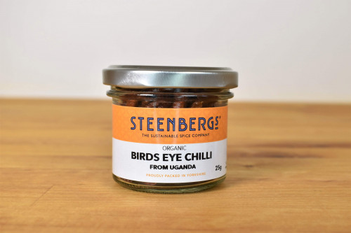 Steenbergs Organic Birds Eye Chillies Whole in Glass Jar from Steenbergs UK specialists in organic spices.