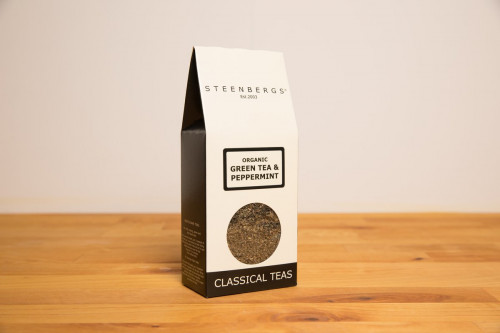 Steenbergs Organic Green Tea With Peppermint, loose leaf tea, from the Steenbergs UK online shop for loose leaf teas.