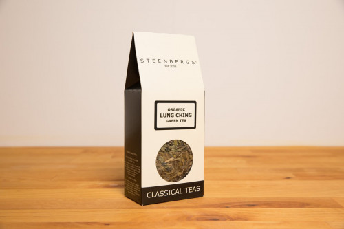 Steenbergs Organic Long Jing Green Tea, loose leaf, from the Steenbergs UK online shop for loose leaf teas, including a range of Chinese green teas, and infusers.