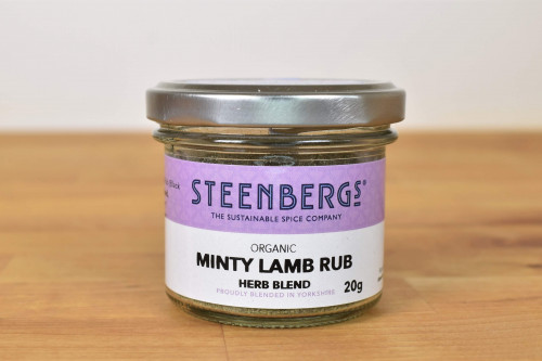 Steenbergs Organic Minty Lamb Rub in Glass Jar from the Steenbergs UK online shop for organic marinades, dry rubs for meat and spice mixes and seasonings.