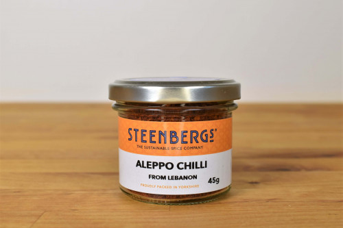 Steenbergs Aleppo Chilli in Glass Jar from the Steenbergs UK online shop for chillies, herbs and spices.