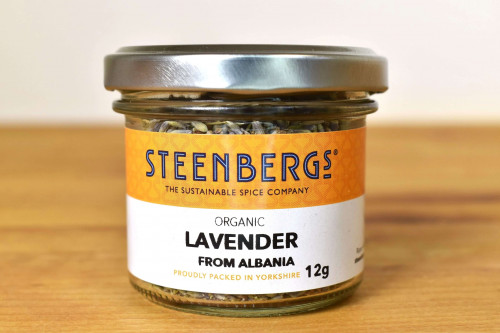 Steenbergs Organic Lavender, dried flowers, in glass jar, for baking and cooking. Part of the Steenbergs range of edible flowers available from the UK online shop.