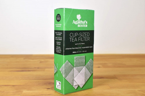 New look Agatha Bester 100 CUP Sized disposable paper filters from Steenbergs UK online loose leaf tea shop.