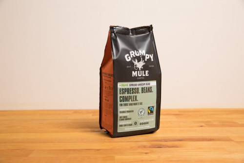 Organic Espresso Whole Beans Grumpy Mule from the Steenbergs UK online shop for organic and Fairtrade Coffee and loose leaf tea.