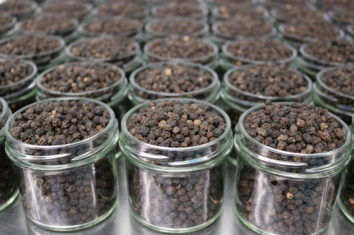 Steenbergs organic black peppercorns being packed in the Steenbergs spice factory in North Yorkshire, UK