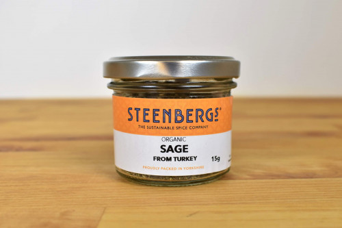 Steenbergs Organic Dried Sage in Glass Jar from the Steenbergs UK online shop for organic herbs and spices.