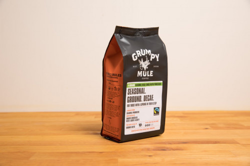 Grumpy Mule Organic Fairtrade Decaffeinated Coffee, Ground Filter, from the Steenbergs UK online shop for organic and Fairtrade coffee and tea.