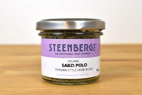Steenbergs Organic Sabzi Polo Herb Blend in Glass Jar from the Steenbergs UK online shop for arabic spice mixes, Persian spice mixes and organic herbs and spices.