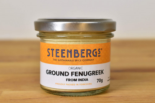 Steenbergs Organic Ground Fenugreek Seed in Glass Jar from the Steenbergs UK online shop for organic herbs and spices.
