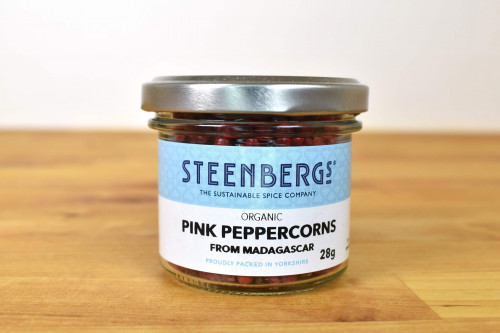 Steenbergs Organic Pink Peppercorns in Glass Jar part of the UK Steenbergs range of organic herbs and spices.