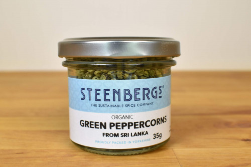 Steenbergs Organic Green Peppercorns in Glass Jar from the Steenbergs UK online shop for organic pepper, herbs and spices.