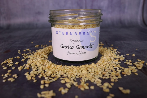 Buy Steenbergs Organic Garlic Granules 70g in Glass Jar at the Steenbergs UK specialists for organic herbs and spices.