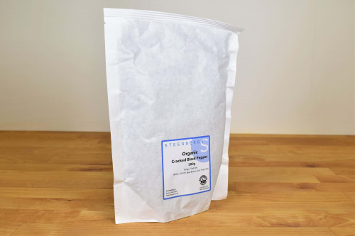 Steenbergs Organic Cracked Black Pepper, 500g, from the Steenbergs UK online shop for organic herbs and spices.