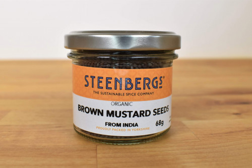 Steenbergs Organic Brown Mustard Seed in reusable and recyclable glass jars, part of the Steenbergs UK range of organic spices.