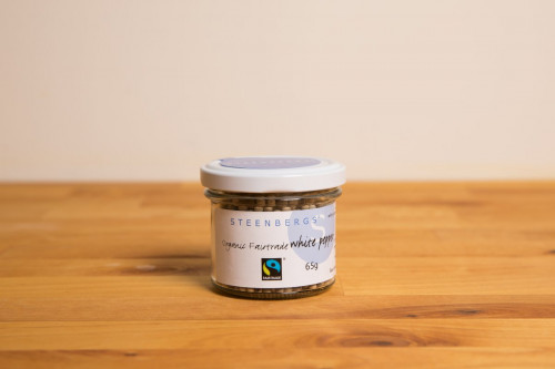 Steenbergs Organic Fairtrade White Peppercorns in Glass Jar from the Steenbergs UK online shop for organic and Fairtrade spices and ingredients.