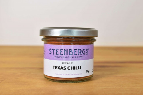 Steenbergs Organic Texas Chilli Spice Mix in Glass Jar from the Steenbergs UK online shop for organic spice mixes and cooking ingredients.