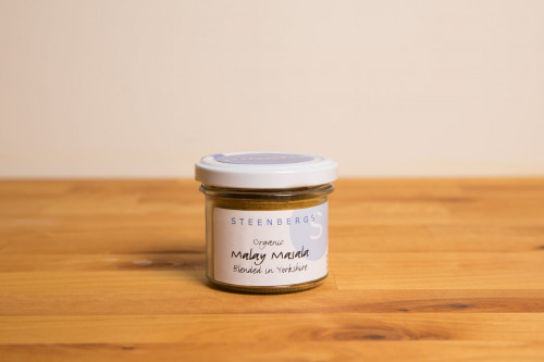 Steenbergs Organic Malay Masala Curry Spice Mix in Glass Jar from the Steenbergs UK online shop for organic curry mixes and spices.