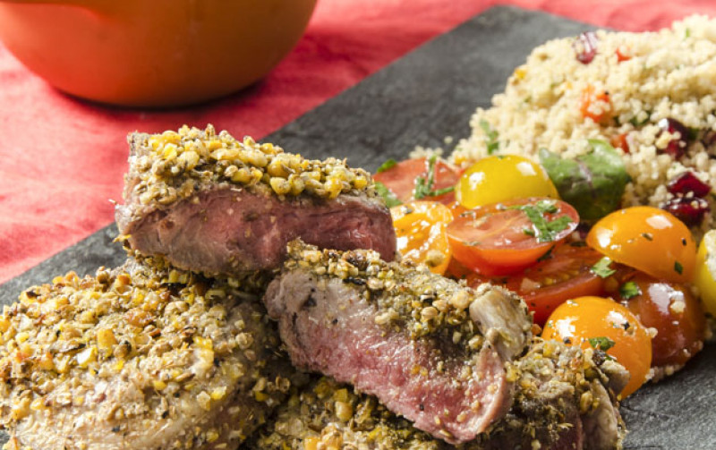 Dukkah Lamb Chops, vegetable couscous and tomato salad Recipe