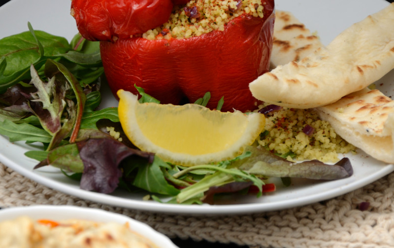 Sumac Cous Cous Stuffed Peppers Recipe with Harissa Houmous